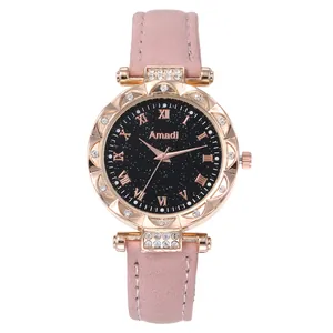 Reloj de mujer en oro rosa con esfera estrellada y correa de cuero rosa