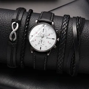 Fashion Men Quartz Watch Bracelet Set Luxury Business Casual PU Leather Band Multi Dial Wrist Watch For Men Jewelry Gift