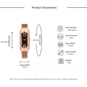 Women rectangle quartz watch with magnetic Milanese loop strap in rose gold finish
