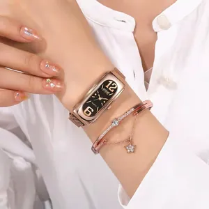 Women Rectangular Quartz Watch Magnetic Milanese Mesh Band Rose Gold Elegant Fashion Wristwatch And Bracelet And Box