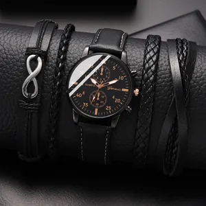 Classic black Geneva men's watch set with four matching bracelets on display