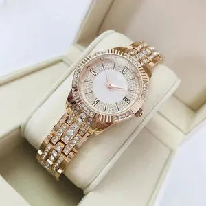 Macro shot of luxury rose gold watch featuring rhinestone-set bezel and roman numerals