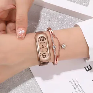 Elegant rose gold rectangular watch with Milanese band and matching star bracelet set