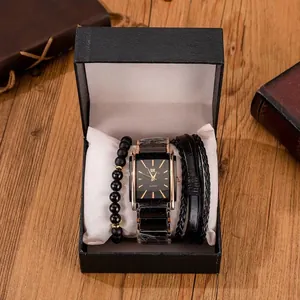 Men's Business Quartz Watch Set With Square Black Dial Metal Strap Leather Beaded Bracelet Jewelry Gift Watch And Bracelet
