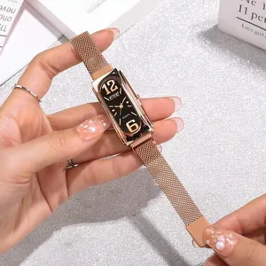 Elegant rose gold rectangular watch with magnetic Milanese band and black dial