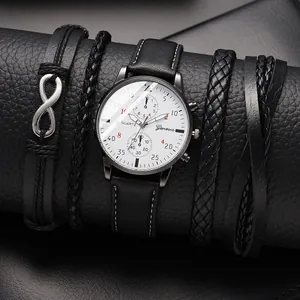 Classic Geneva men's watch set with black leather straps and infinity symbol bracelets