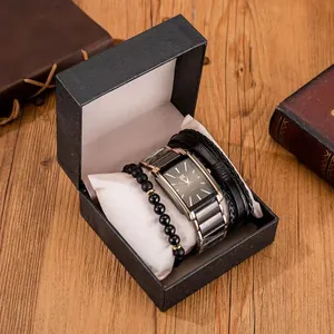 Men's square quartz watch set with metal strap and beaded bracelets in a premium gift box