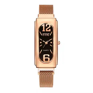 Elegant rose gold rectangular women watch with black dial and Milanese magnetic strap