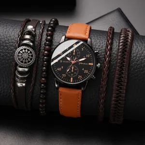 Classic Geneva men's quartz watch with brown leather strap and stylish beaded bracelets