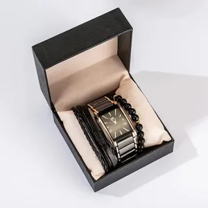 Men's square quartz watch set with black beaded and woven leather bracelets in gift box