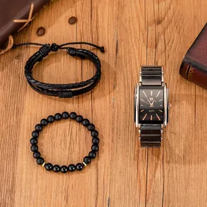 Men's rectangular quartz watch set with black leather bracelet and bead wristband