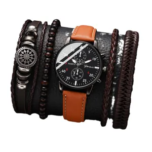 Classic Geneva men's quartz watch set with vintage leather bracelets on display