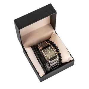 Men's minimalist square watch gift set with black leather and beaded bracelets in box