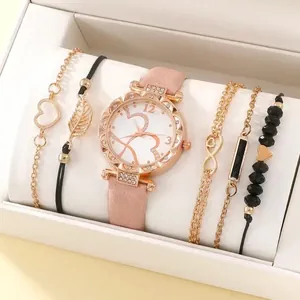 Orologio al quarzo rosa e set di 5 braccialetti gioielli in una lussuosa confezione