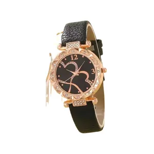 Orologio al quarzo da donna con cinturino nero e quadrante con cuori oro rosa