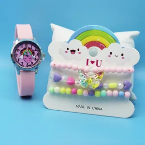 Pink cartoon kids watch and beaded bracelet set with rainbow heart patterns