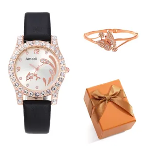 Women's rose gold watch and butterfly bracelet set with crystals in an orange gift box