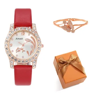 Luxury Amadi women's red leather watch with dolphin dial and crystal butterfly bracelet