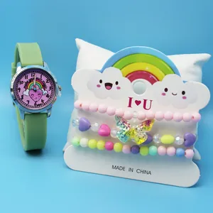 Cartoon kids watch set with green silicone strap and matching rainbow beaded bracelets