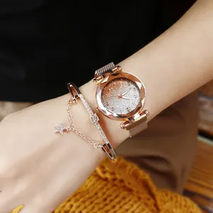 Women's rose gold starry quartz watch with magnetic strap and star charm bracelet set