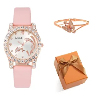 Luxury rose gold dolphin watch with pink leather strap and butterfly bracelet gift set