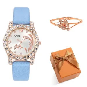 Luxury dolphin watch set with blue leather strap and crystal butterfly bangle in gift box