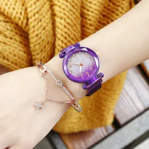 Macro shot of purple starry sky watch dial with diamond-cut glass and star charm bracelet
