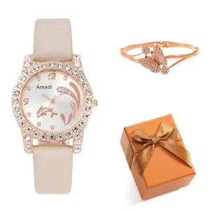 Women Fashion Luxury Rhinestone Dolphin Dial Quartz Watch And Butterfly Bracelet Combination With Gift Box PU Leather Strap