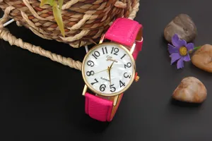 Detailed macro view of Geneva watch with pink textured strap and gold metal case