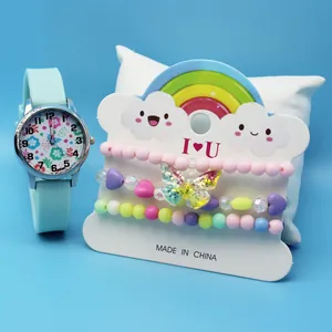 Light blue kids watch set with colorful beaded heart and butterfly sequin bracelets
