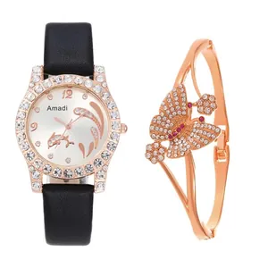 Detailed close-up of rose gold watch and sparkling butterfly bracelet set with gems