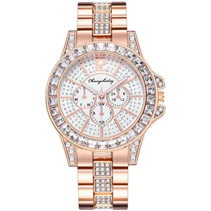 Women Fashion Quartz Watch Alloy Rhinestone Accented Metal Chain Multi-Function Business Casual Ladies Wristwatch