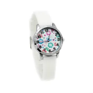 Close-up of white kids watch with flower patterns and Lovely Child engraving