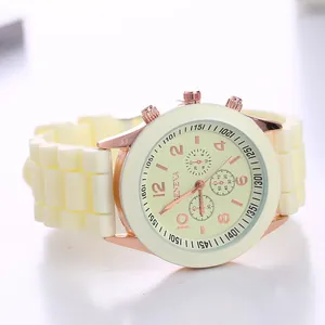 Cream silicone Geneva quartz watch with rose gold case and stylish jelly strap design