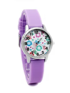 Close-up of children's purple silicone watch featuring a colorful floral dial and silver case