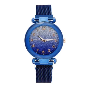Women's quartz watch with blue starry sky dial, rose gold numerals and mesh magnetic band