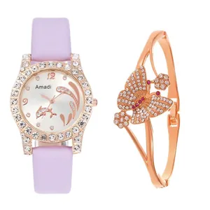 Close-up of Amadi purple leather watch and rose gold butterfly bracelet set