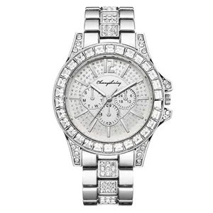 Fashion women's silver quartz watch with diamond-set steel strap and three-eye dial