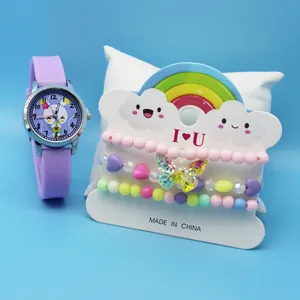Cute children's purple cartoon rabbit watch set with three colorful beaded bracelets