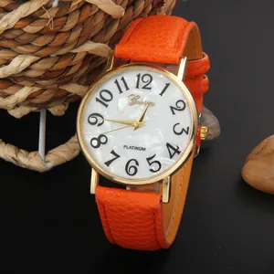 Fashion Geneva watch with orange leather strap and colorful shell crystal dial for women