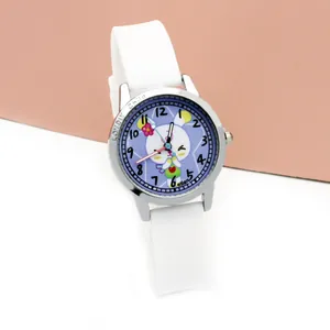 Close-up of white silicone kids watch with purple cartoon rabbit dial and lovely child text