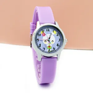 Detail of purple cartoon kids watch featuring a cute bunny dial and metal case