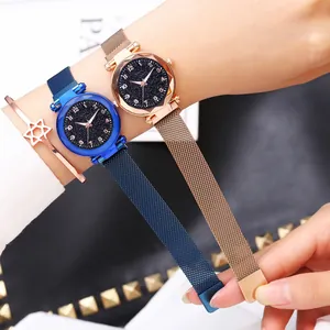 Montre à Quartz pour Femmes avec Cadran Ciel Étoilé Bracelet Magnétique en Maille d'Acier Inoxydable Milanais Montre de Mode Élégante