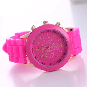 Pink Geneva silicone quartz watch with rose gold case and textured strap for women