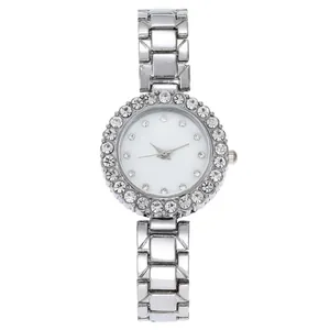 Elegant silver quartz watch for women with rhinestone bezel and metal chain strap