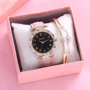 Mode Luxus Damen Sternenhimmel Armbanduhr Armband Kollektion Strass Römische Ziffern Analog Quarz Uhr Mit Kunstleder Armband Schmuck Geschenk