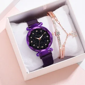 Purple starry sky watch set with Milanese mesh band and matching star charm bracelet