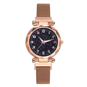 Montre cadran ciel étoilé avec bracelet milanais magnétique or rose et chiffres arabes