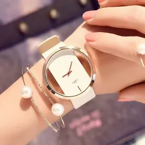 Women Fashion Hollow Quartz Watch Alloy Case Faux Leather Strap Analog Wristwatch Bracelet Jewelry Accessory Bundle Gift
