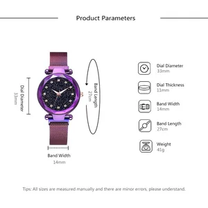 Detailed product dimensions for the starry dial women's watch with purple mesh band